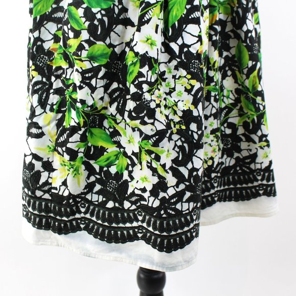 Oscar de la Renta Cotton Poplin Black White Green Floral A-Line Dress 4 - Picture 3 of 8